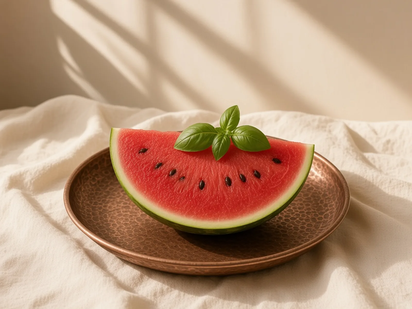 سینی مسی با یک قاچ هندوانه و یک شاخه ریحان، روی پارچهٔ کرم.