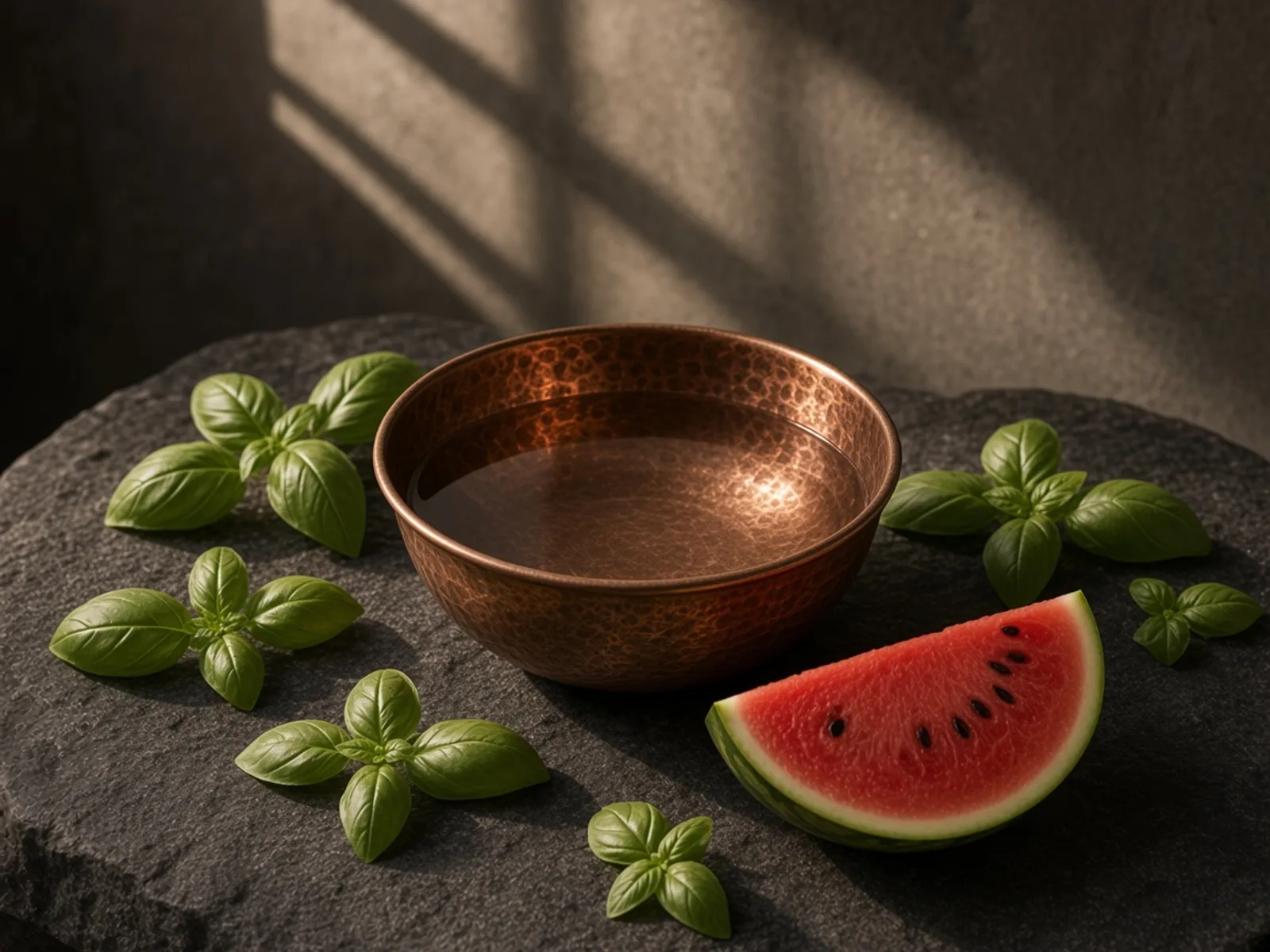 پیالهٔ مسی آب، چند شاخه ریحان، و یک قاچ هندوانه روی سنگ تیره.