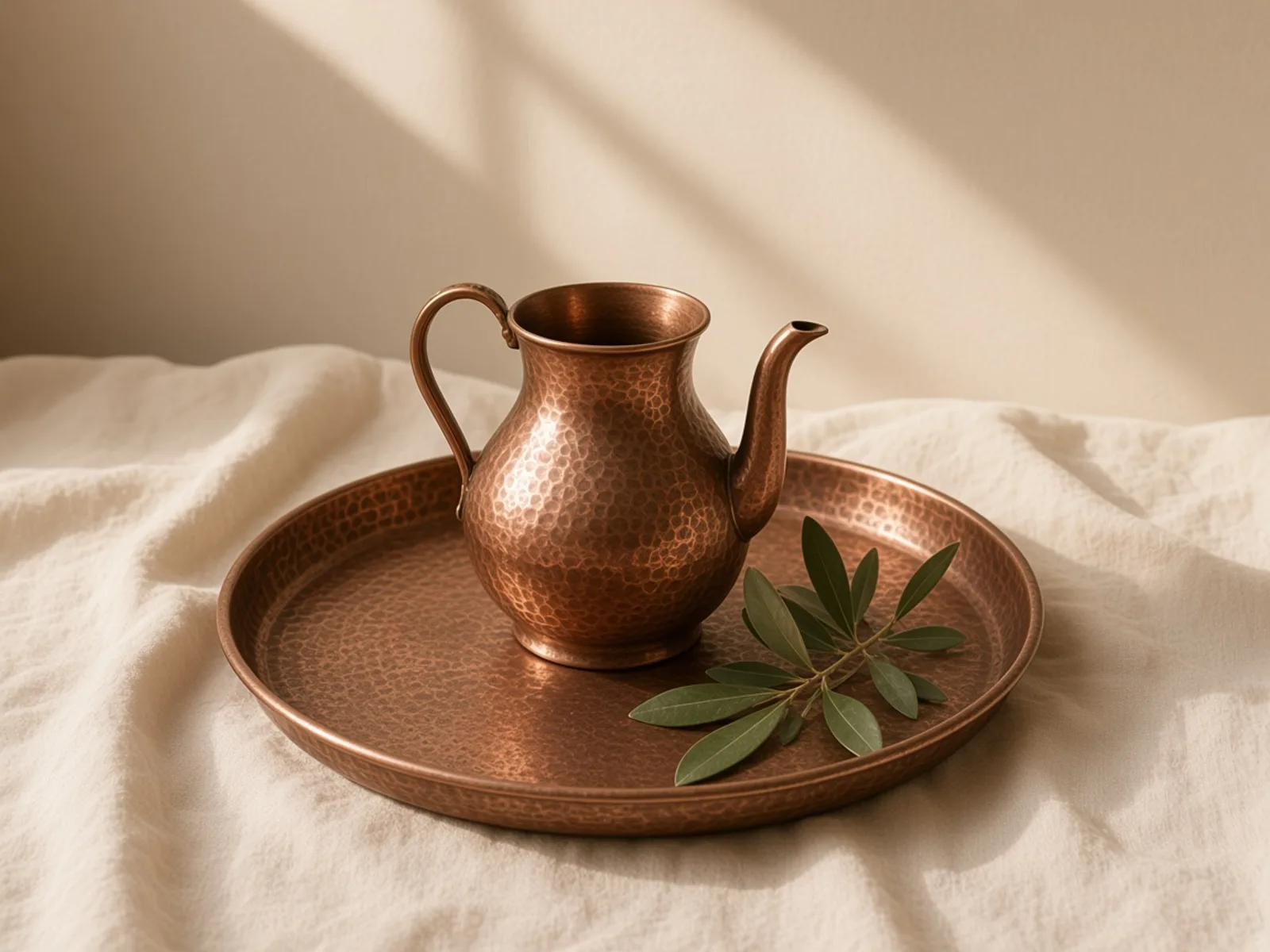 سینی مسی با یک کوزهٔ کوچک آب و یک شاخهٔ سبز، روی پارچهٔ کرم در سایه.