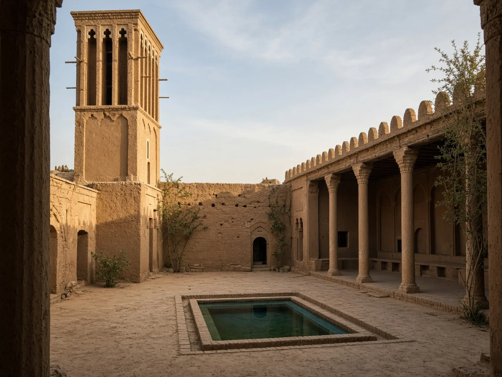 حیاط خانه‌ای یزدی با حوض کوچک، بادگیر خشتی، و ایوان سایه‌دار در نور عصر.