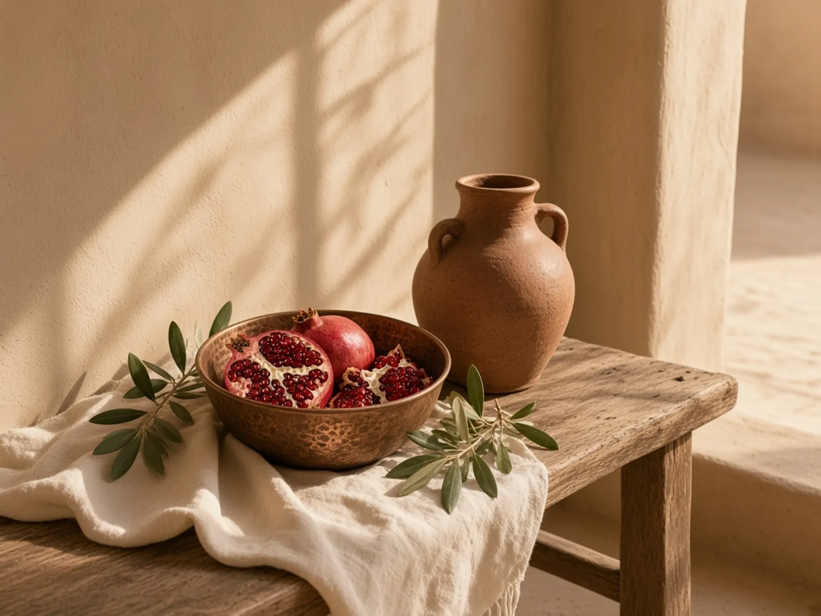 ایوان سایه‌دار با یک نیمکت چوبی و کوزهٔ آب، در گرم‌ترین ساعت روز.