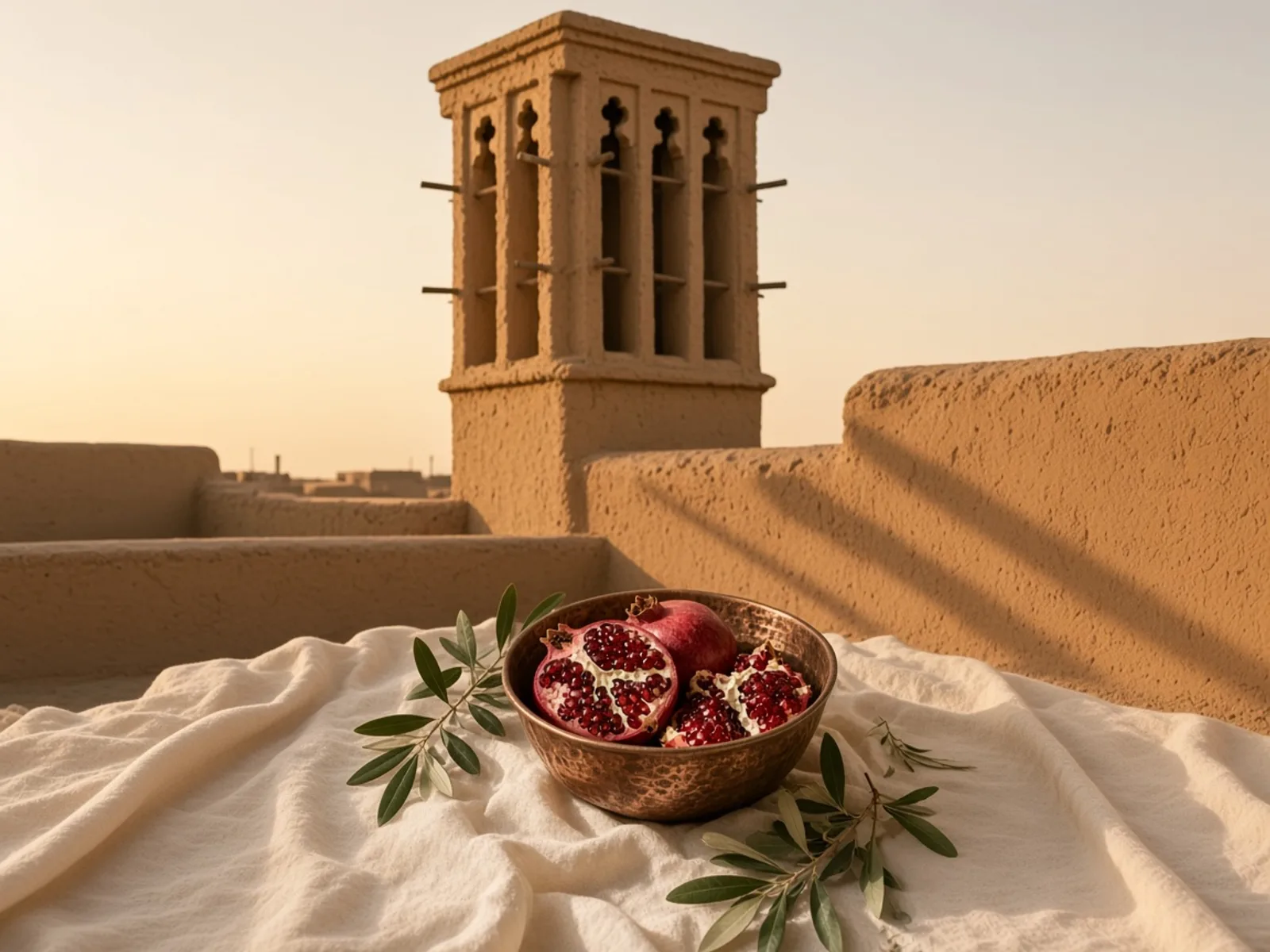 بادگیر خشتی کهن بالای بام، در نور عصر، بی‌هیچ نوشته و بی‌هیچ آدم.