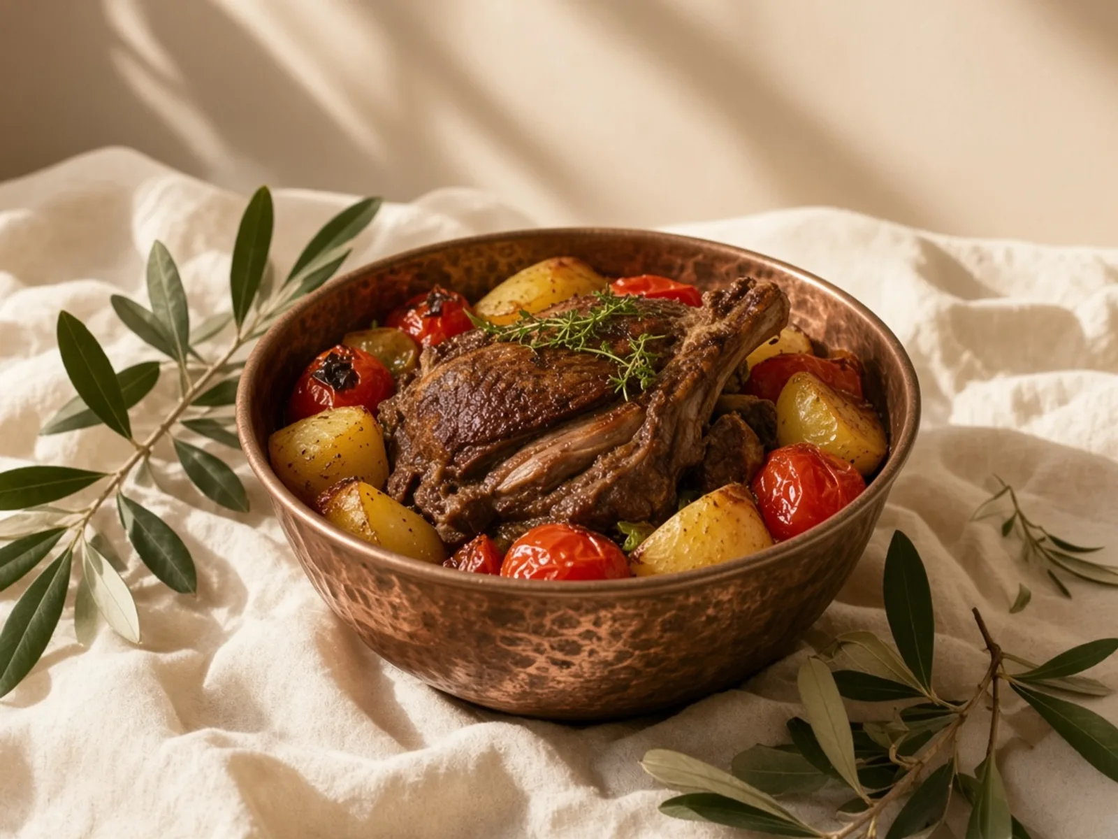 دیگ مسی تاس‌کباب با گوشت پخته، سیب‌زمینی و گوجه، روی اجاق کم‌نور.