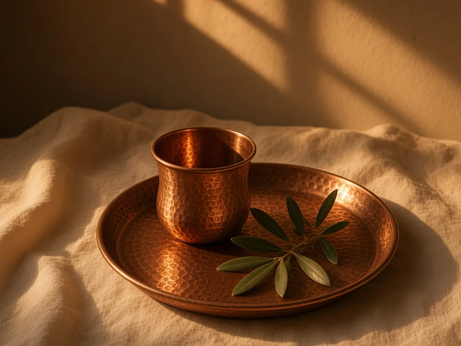 سینی مسی با یک فنجان کوچک و یک شاخهٔ سبز، روی پارچهٔ کرم در شب.