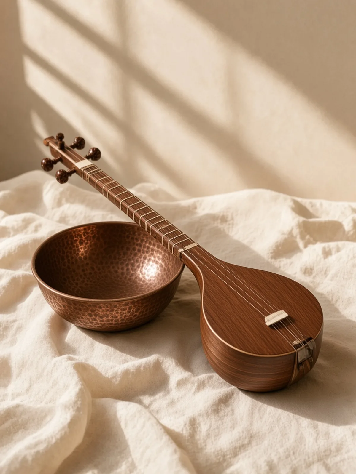 یک سهتار روی پارچهٔ کتان کرم، کنار کاسهٔ مسی، در حیاط شب با نور کم.