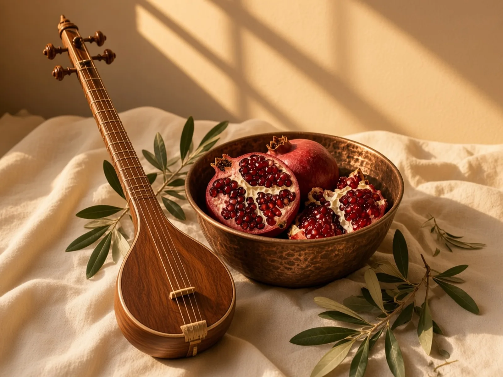 طاقچهٔ شب با کاسهٔ مسی، یک سهتار، و پارچهٔ کتان در نور گرم و کم.