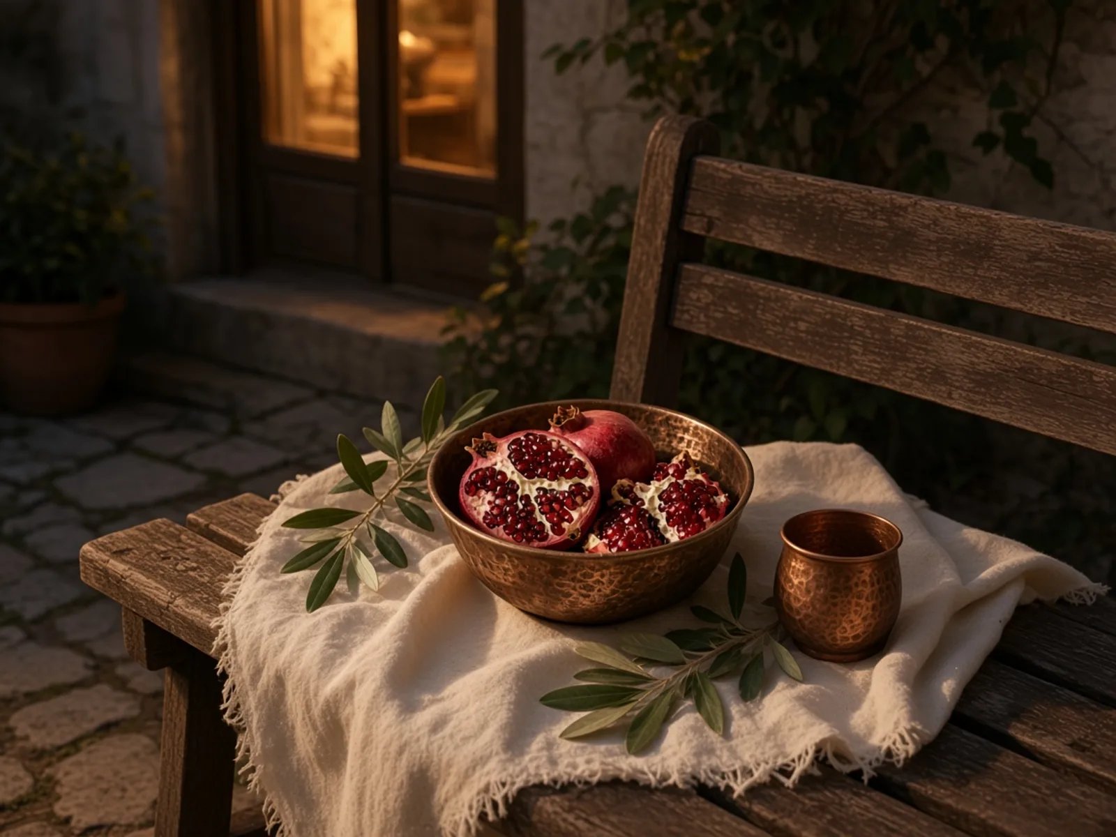نیمکت چوبی در حیاط شب، فنجان مسی، و نور کم از پنجرهٔ خانه.