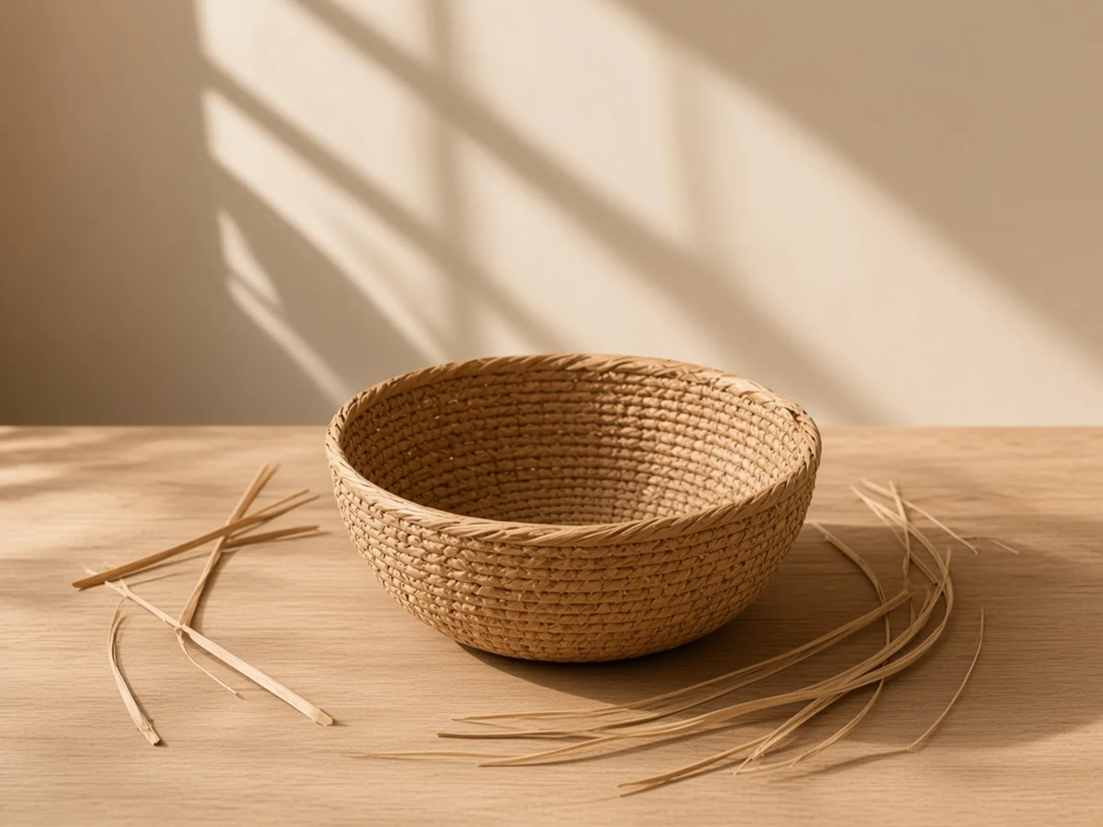 سبد حصیری نیمهبافته کنار چند نوار نی، روی میز کار روشن.