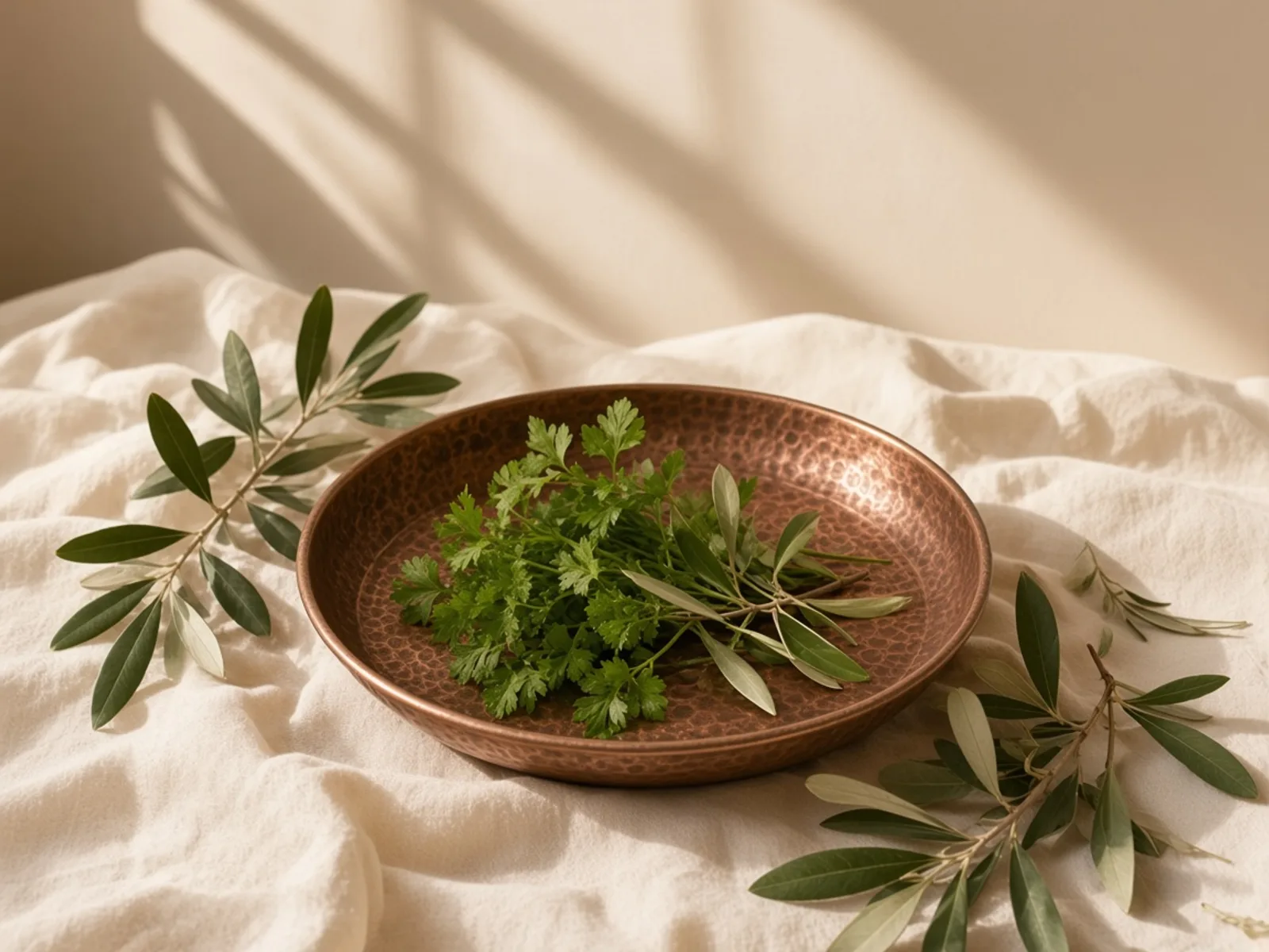 سینی مسی با چند شاخه سبزی و یک شاخهٔ کوچک زیتون، روی پارچهٔ کرم.
