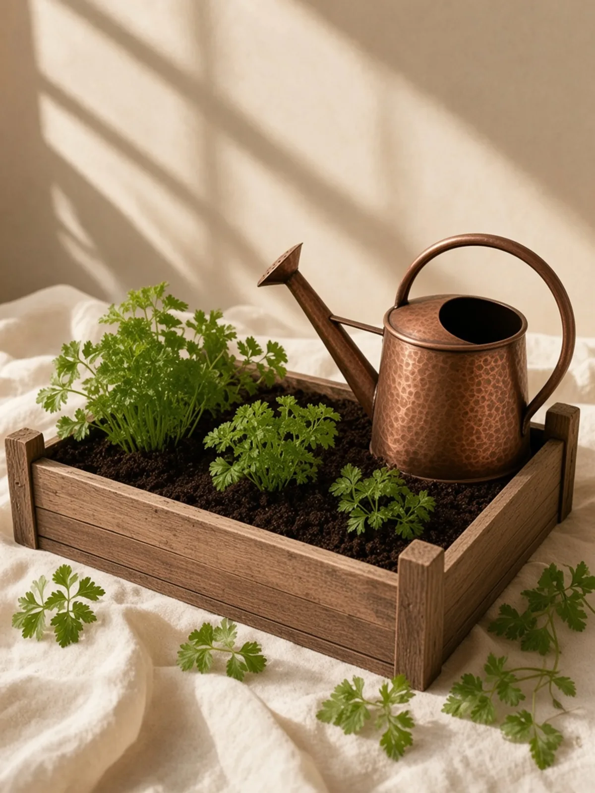 باغچه‌ای کوچک با خاک تیره، یک آبپاش مسی، و چند برگ جعفری روی لبه.
