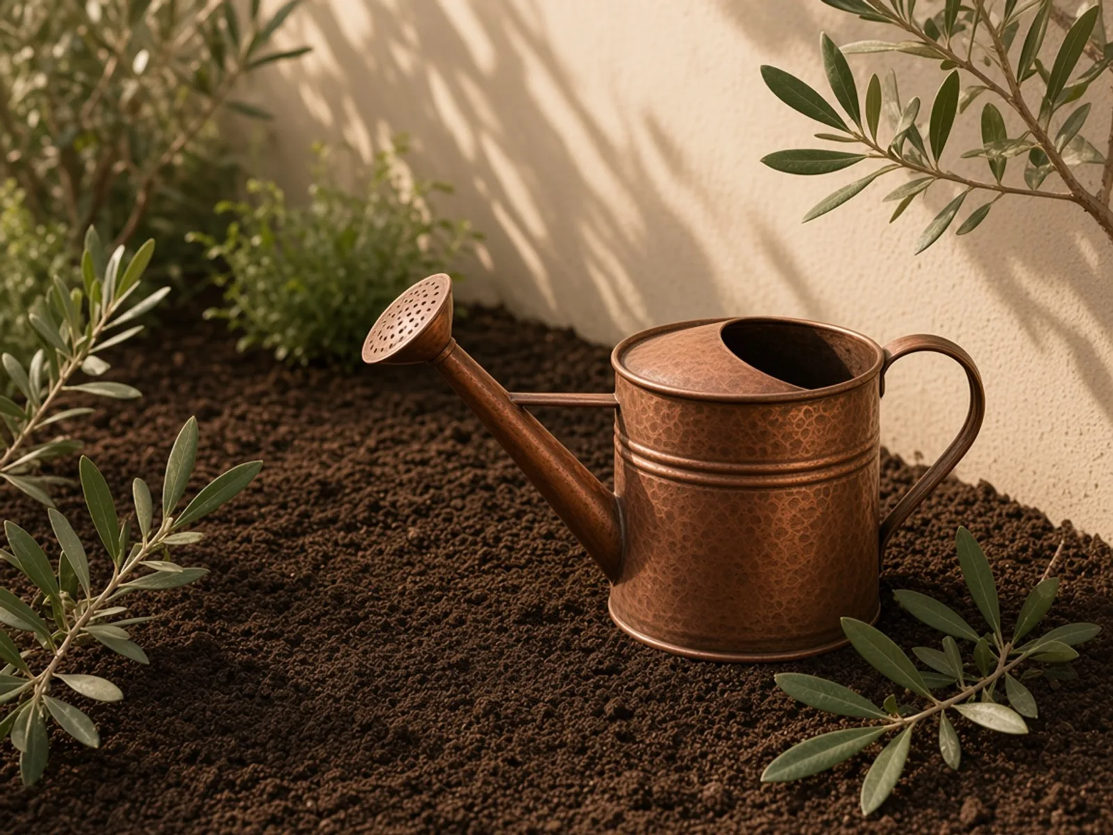 راه باریک باغچه در صبح، آبپاش مسی، و سایهٔ کوتاه روی خاک.