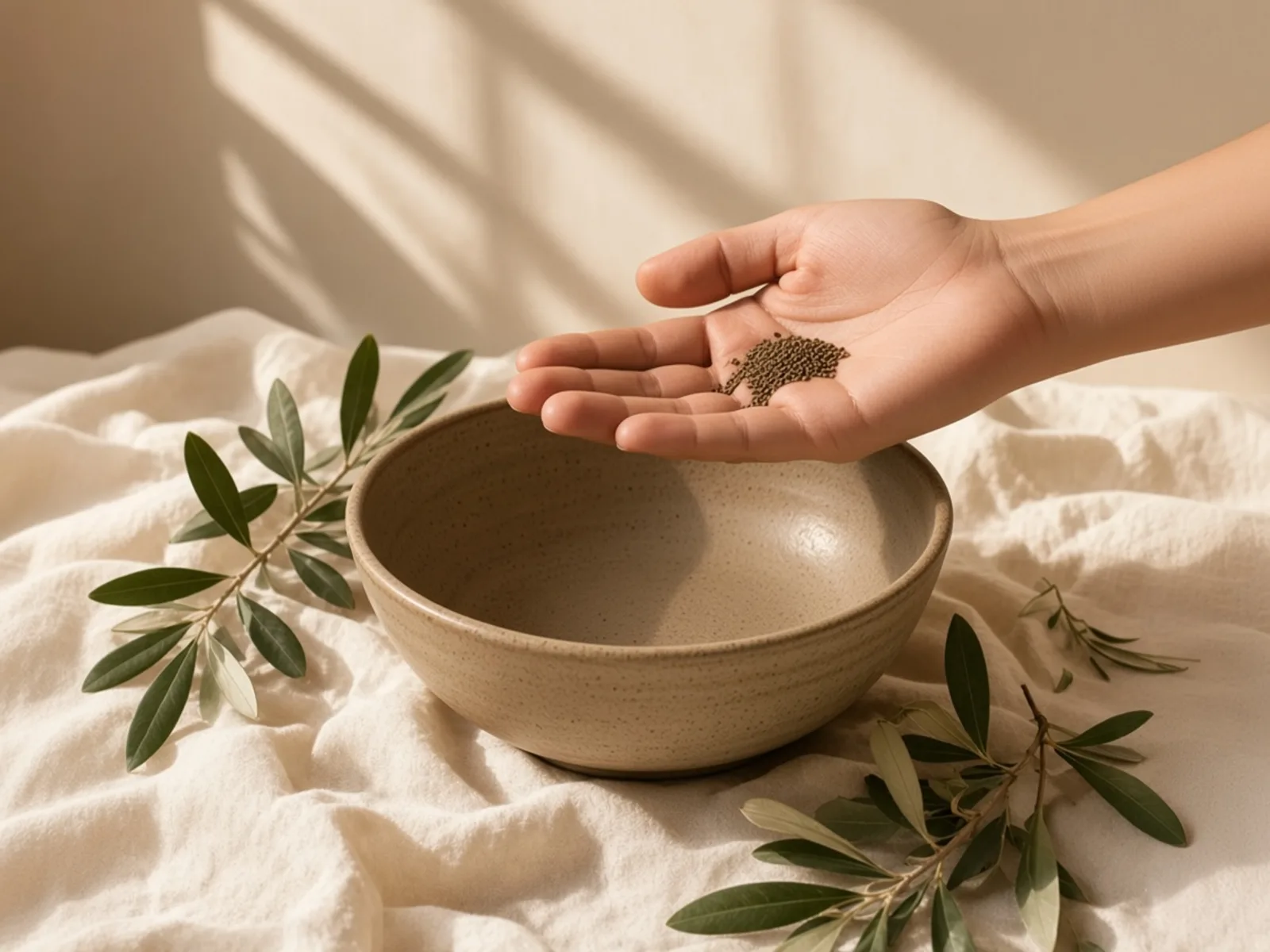 کف دست پر از دانهٔ ریز سبزی، بالای کاسهٔ سفالی خالی، روی پارچهٔ کتان.
