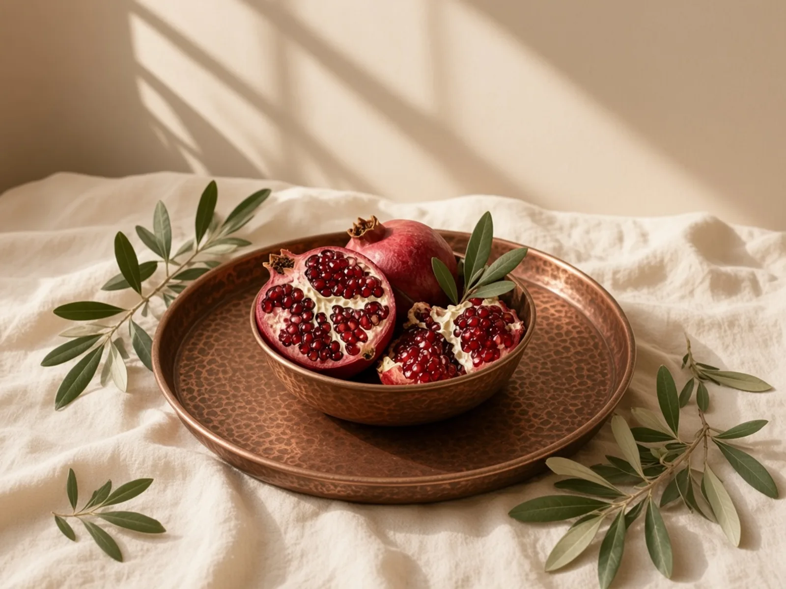 سینی مسی با یک کاسهٔ کوچک میوه و شاخهای سبز، روی پارچهٔ کرم.