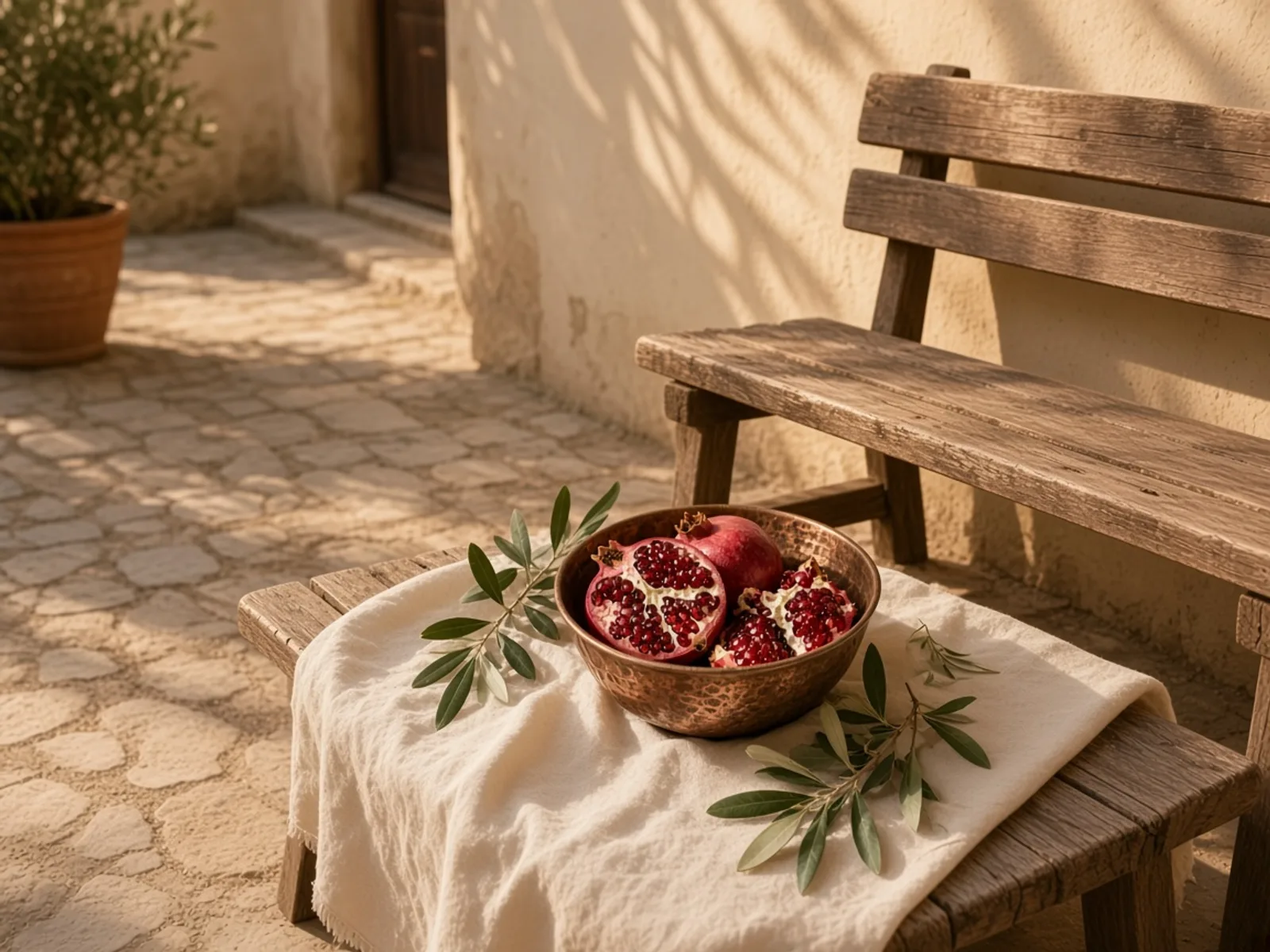 راه کوتاه حیاط پیش از شام، با نیمکت چوبی و نور عصر روی دیوار.
