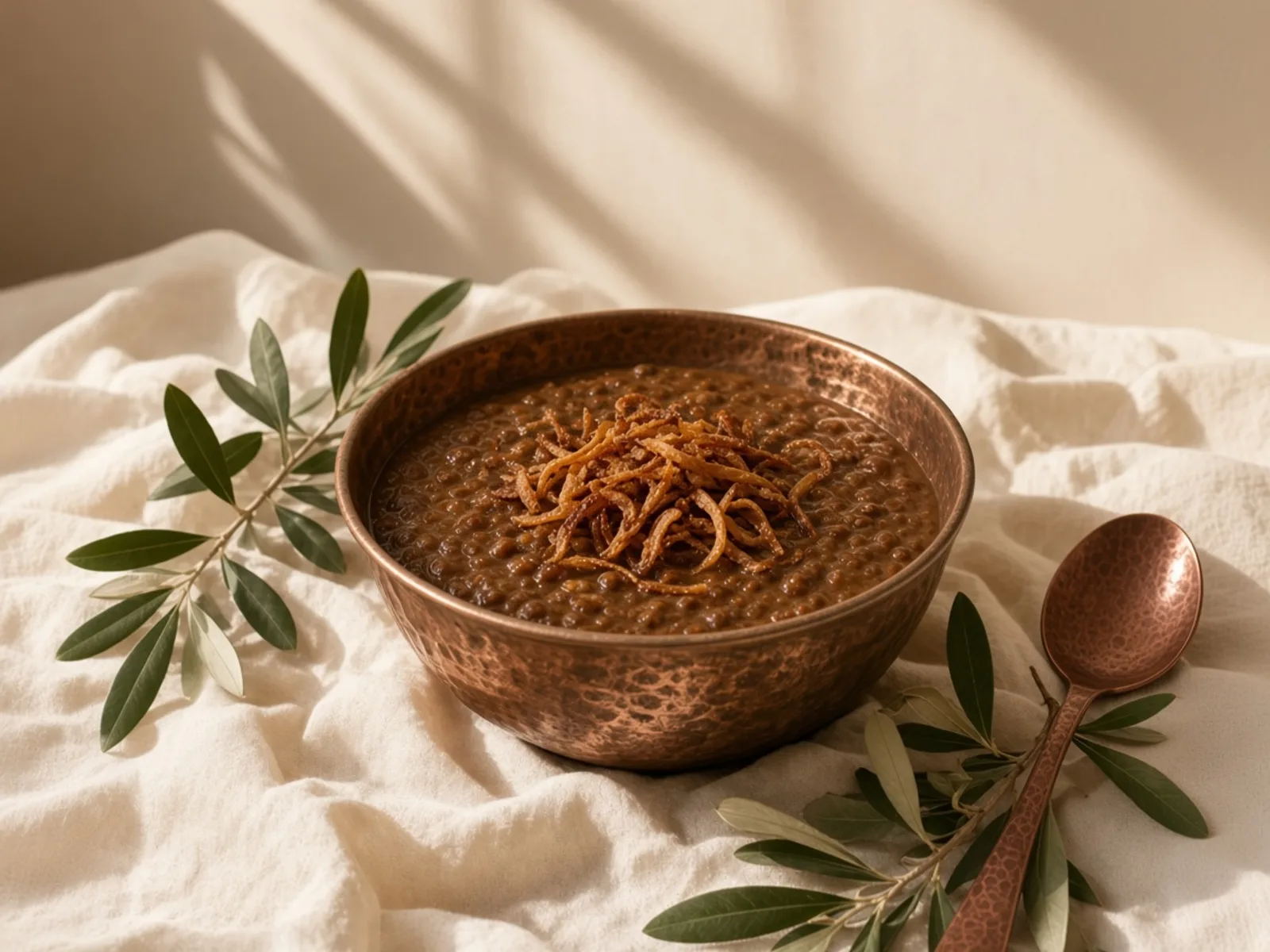 کاسهٔ مسی عدسی با پیاز داغ روی سطح، و قاشق مسی کنار کاسه.