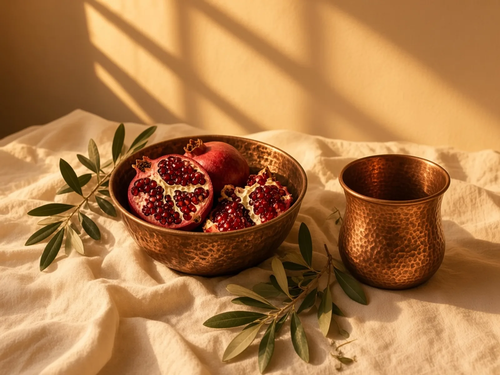 سایهٔ بلند یک فنجان مسی روی پارچهٔ کتان، در نور کم عصر.