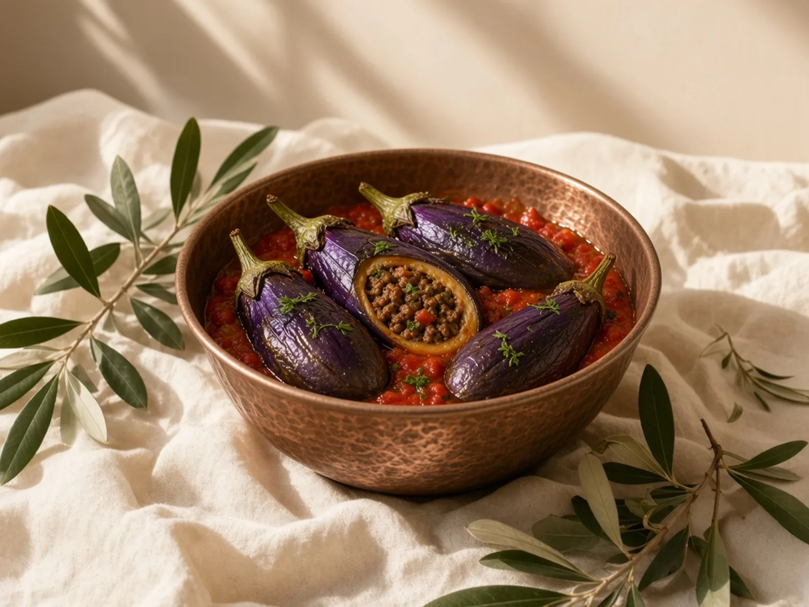 بادمجان شکم‌پر با گوشت پخته و سس گوجه، در دیس مسی، یکی بریده تا داخل پخته پیدا باشد.