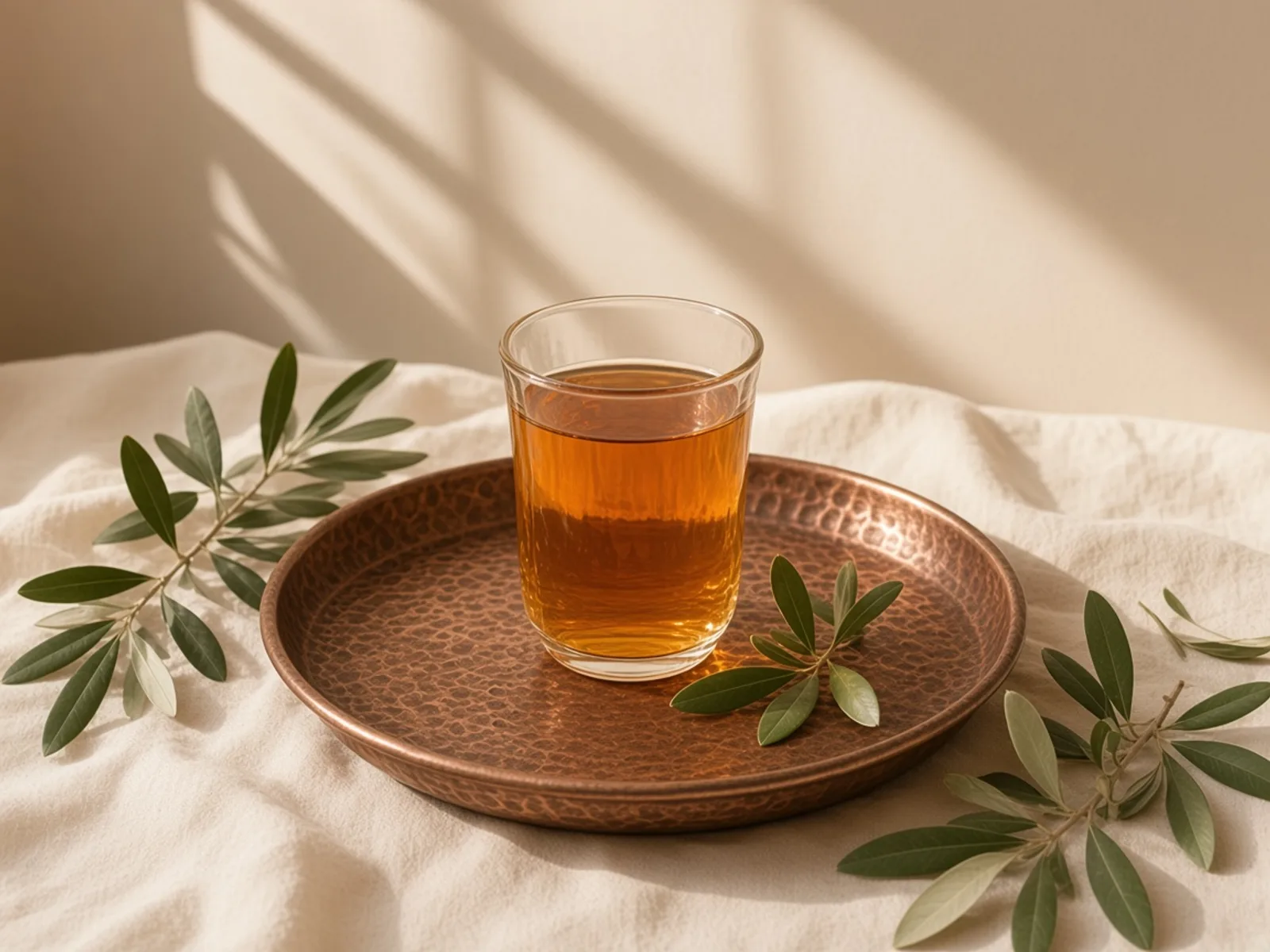 سینی مسی با استکان چای و یک شاخهٔ کوچک زیتون، روی پارچهٔ کرم.