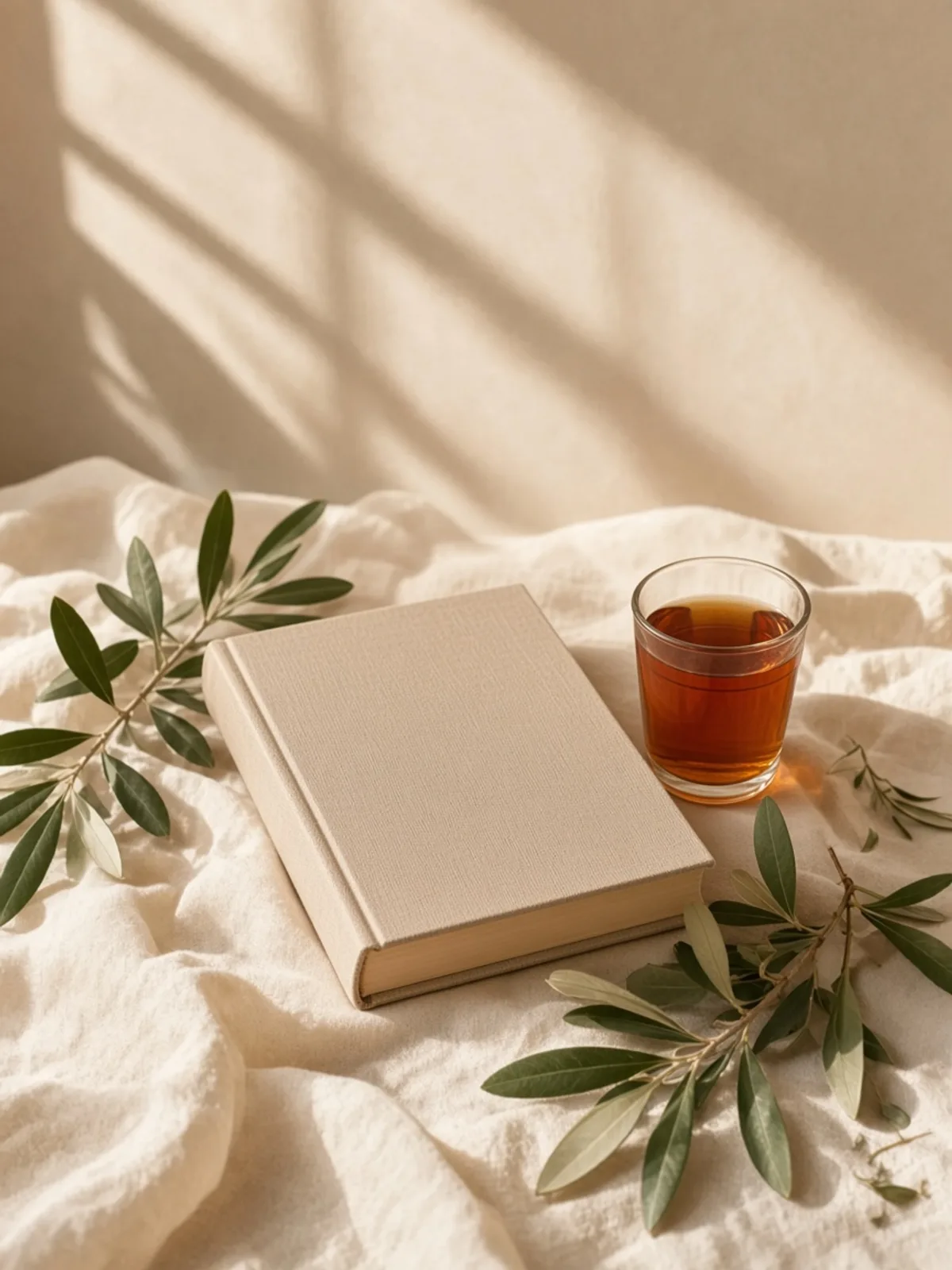 کتابی بسته کنار استکان کمر باریک چای، روی پارچهٔ کتان کرم، در نور عصر.