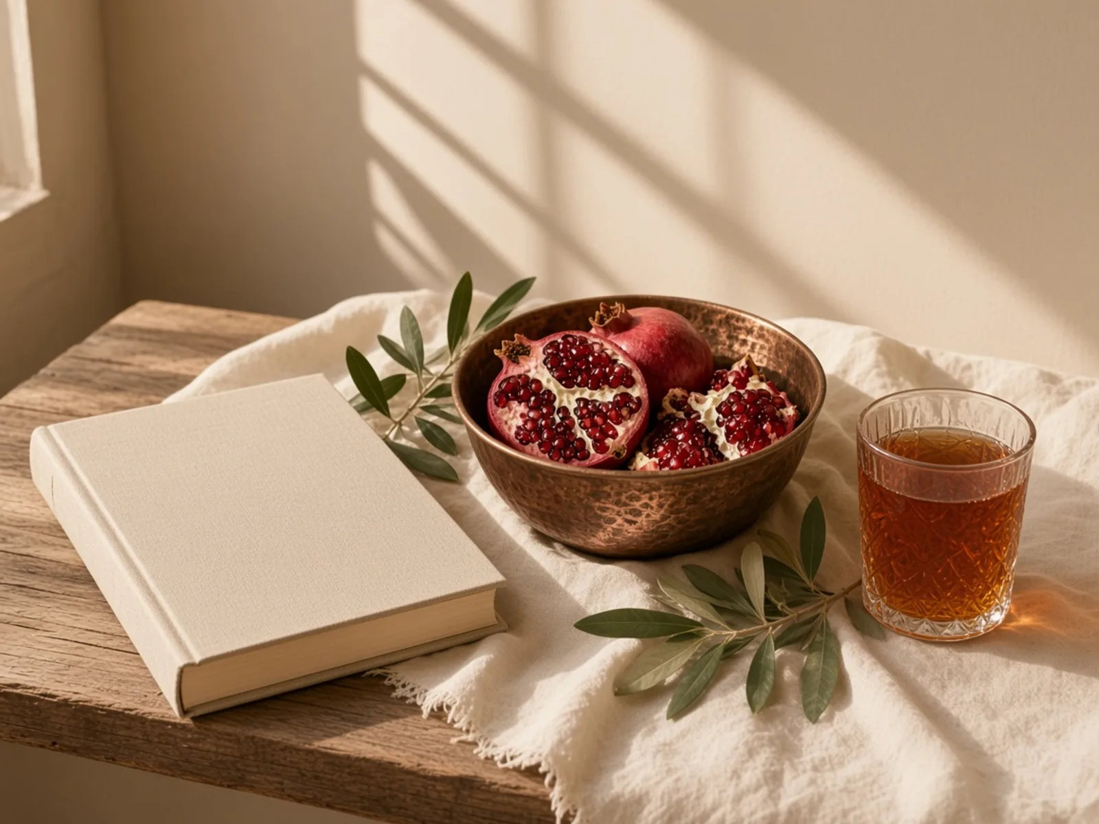طاقچه با کتاب بسته، استکان چای، و پارچهٔ کتان کرم در نور مهر.