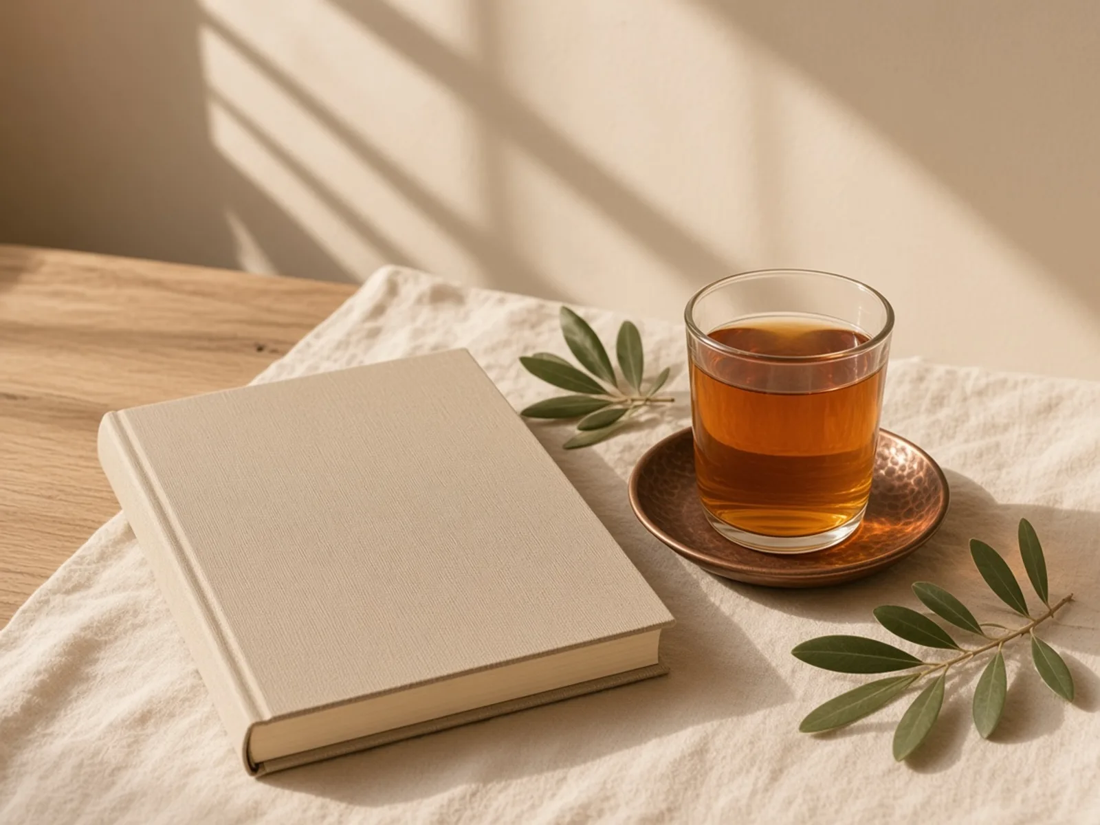 کتاب بسته و یک استکان چای روی میز چوبی روشن، کنار نعلبکی مسی کوچک.