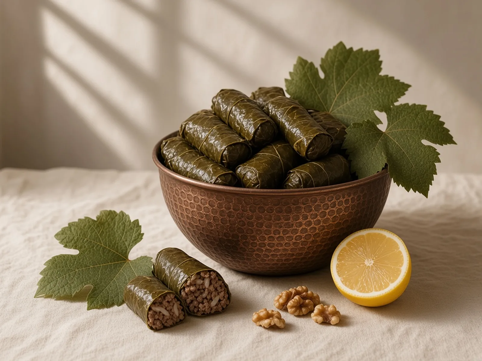 کاسهٔ مسی پر از دلمهٔ برگ مو، دو لقمهٔ بریده با گوشت پخته، گردو و لیمو.