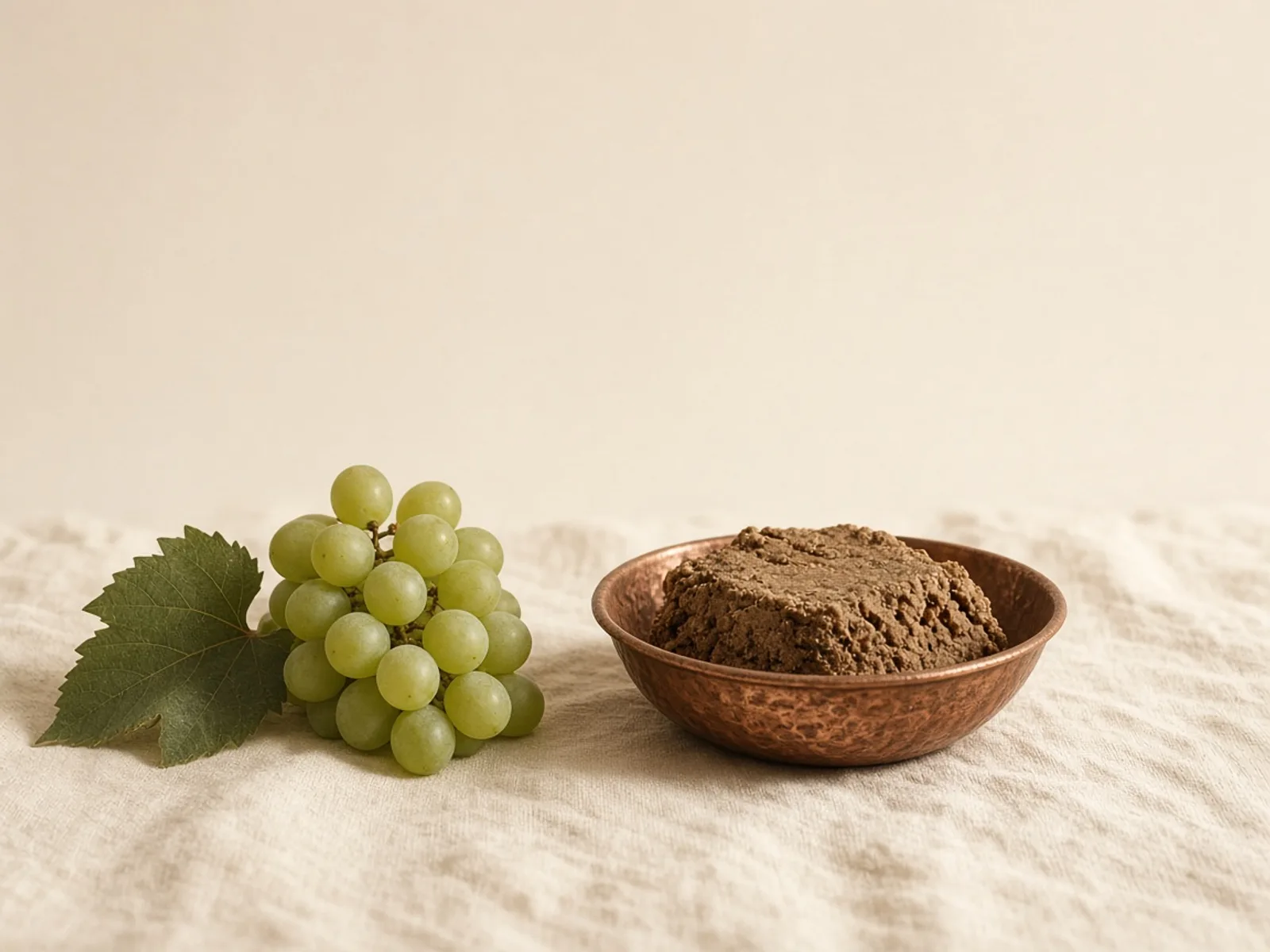 خوشهٔ غورهٔ سبز کنار کاسهای مسی پر از حلوا، روی پارچهٔ کتان.